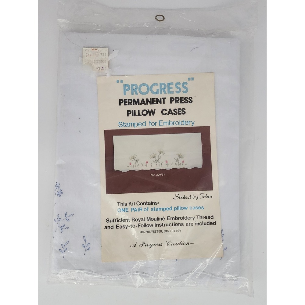 Progress Stamped Embroidery Pillowcases Kit Vintage White Scalloped Floral NEW
